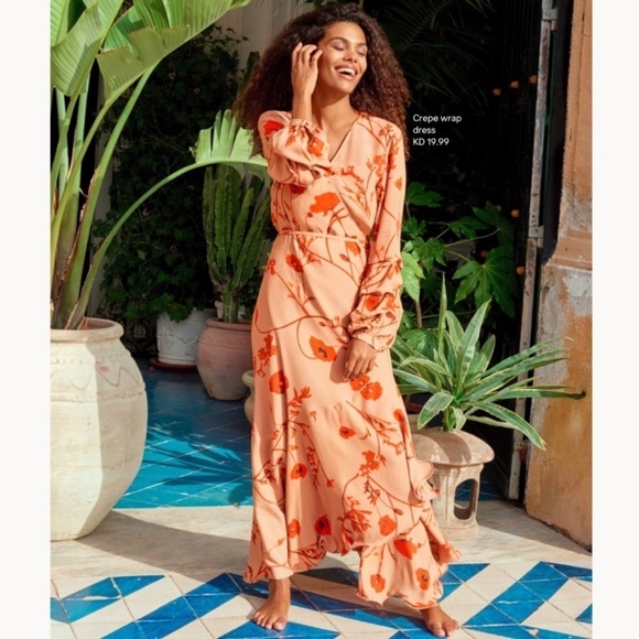 Johanna Ortiz X H&M Maxi Wrap Dress Blogger Favorite Floral Tan Red Size Large - Picture 2 of 16